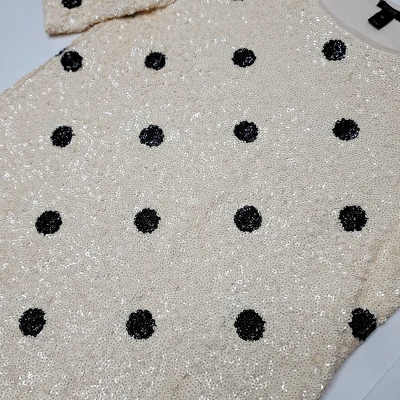 J. CREW all over sequined black and off white polka dot shirt size XS.